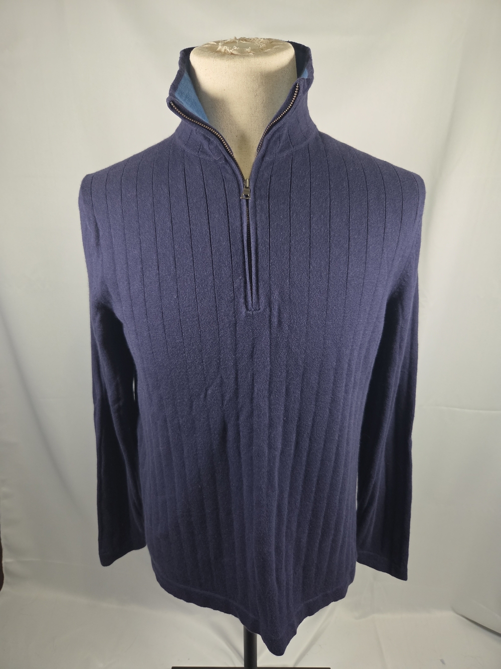 Banana Republic Cotton Cashmere Navy Ribbed Quarter-Zip Sweater